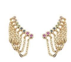 Brinco ear cuff correntes pedras coloridas banhado a ouro 18k