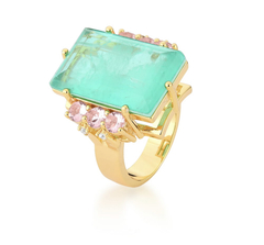 Anel esmeralda col e rosa banho ouro 18k