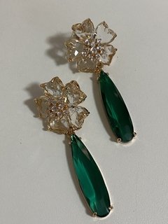 Brinco flor cristal e esmeralda