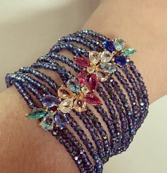 Conjunto Pulseira cristais pingente colorido + brinco gota turmalina banhado a ouro 18k