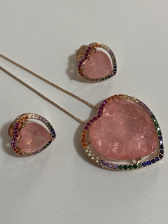 Conjunto coração coral banho ouro 18k