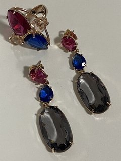 Brinco cristais coloridos 3 cores banhado a ouro 18k