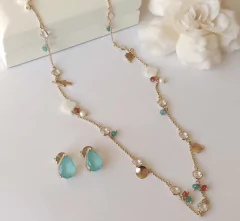 Colar longo de pedras naturais: Turquesa, rosa, cristal, madrepérola e pérola