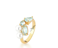 Anel pérolas cristais banhado a ouro 18k
