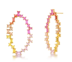 Brinco oval cristais coloridos banho ouro 18k