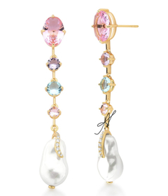 Brinco cristais coloridos Perola B banho ouro 18k