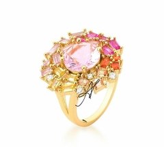 Anel pedra rosa multicolorido banhado a ouro 18k