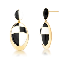 Brinco Pêndulo Oval Esmaltado Xadrez Banhado a Ouro 18k