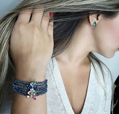 Conjunto Pulseira cristais pingente colorido + brinco gota turmalina banhado a ouro 18k - Ananogueirasemijoias