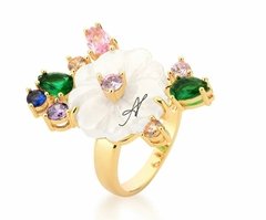 Anel flor pedras coloridas banhado a ouro 18k