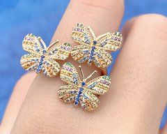 Anel borboletas coloridas banhado a ouro 18k