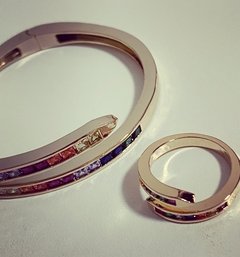 Anel pedras coloridas banhdo a ouro 18k