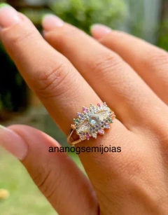 ANEL OLHO COLORIDO BANHO OURO 18k