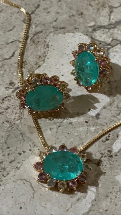 Conjunto turmalina flor colorida banhada a ouro 18k