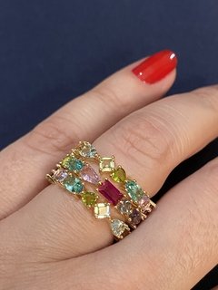 Anel cristal colorido banhado a ouro 18