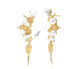 Brinco Perola e cristal rutilado banhado a ouro 18k