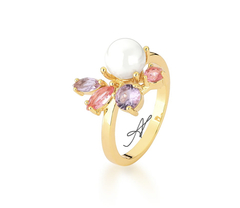 Anel Perola cristais col banho ouro 18k