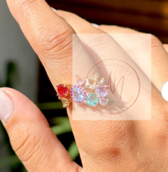 Anel cristais multicoloridos banho ouro 18k