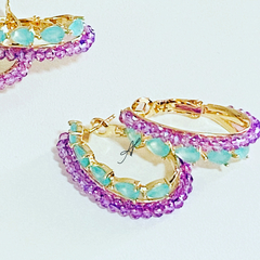 Brinco argola cristais lavanda turmalina banho ouro 18k