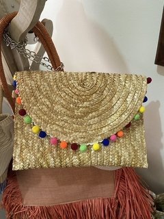 Bolsa palha pompons coloridos alça corrente