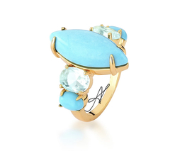 Anel turquesa cristais banho ouro 18k