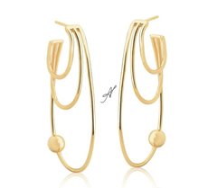 Brinco argola tripla c esfera banhada a ouro 18k