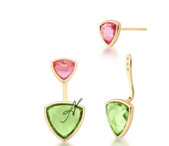 Brinco cristais pink e verde banho ouro 18k