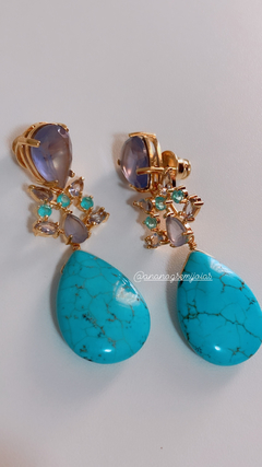 Brinco turquesa pedra natural banho ouro 18k