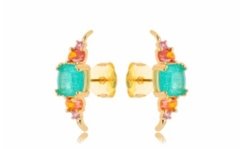 Brinco ear hook cristais coloridos banhado a ouro