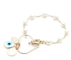 Pulseira pérolas com pingentes proteção banhado a ouro 18k