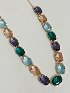 Colar cristais coloridos ajustável banho ouro 18k