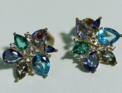 Brinco bell pedras coloridas banhado a ouro 18k