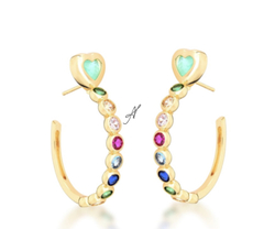 Brinco argola colorida coração colombiana banhada a ouro 18k