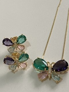 Conjunto borboleta cristal banhado a ouro 18k