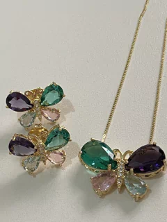 Conjunto borboleta cristal banhado a ouro 18k