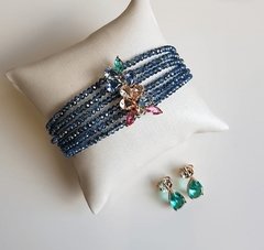 Conjunto Pulseira cristais pingente colorido + brinco gota turmalina banhado a ouro 18k na internet