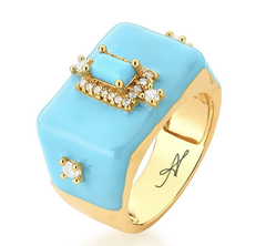 Anel esmaltado turquesa banhado a ouro 18k
