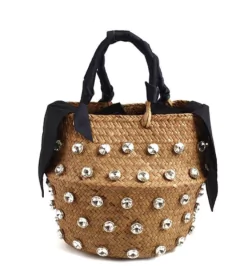Bolsa palha natural com cristais grandes