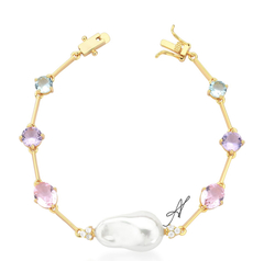 Pulseira cristais coloridas Perola banho ouro 18k