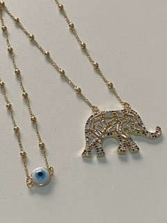 Cordão elefante colorido e olho grego  banhado a ouro 18k