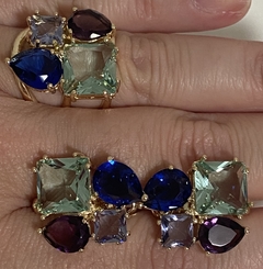 Conjunto cristais coloridos banho ouro 18k