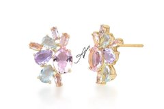 Brinco cristais coloridos banhado a ouro 18k