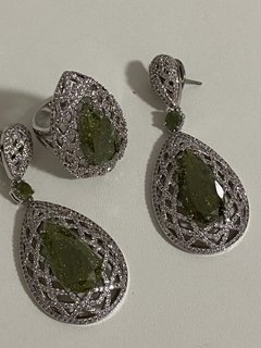 Conjunto gota pedra verde oliva ródio branco na internet