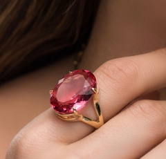 ANEL OVAL SAFIRA ROSA BANHO OURO 18k