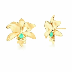 BRINCO FLOR LISA COM CRISTAL GOTA TURMALINA BANHADA A OURO