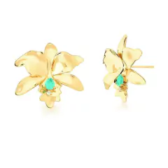 BRINCO FLOR LISA COM CRISTAL GOTA TURMALINA BANHADA A OURO