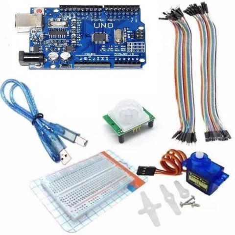 Kit Arduino Uno R3 Pir SR501 Servo Cables Protoboard