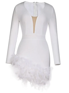 Vestido manga longo bandage com barra em plumas - loja online