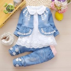 conjuntos primavera 3 peças camisa de renda jaqueta jeanse e calças - comprar online