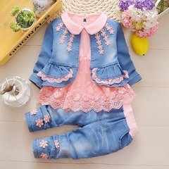 conjuntos primavera 3 peças camisa de renda jaqueta jeanse e calças